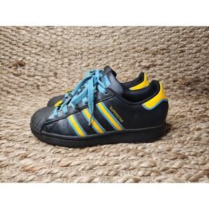 RARE Adidas Originals Superstars BOYS 4Y, 6 Womens Black Yellow Blue Sneakers